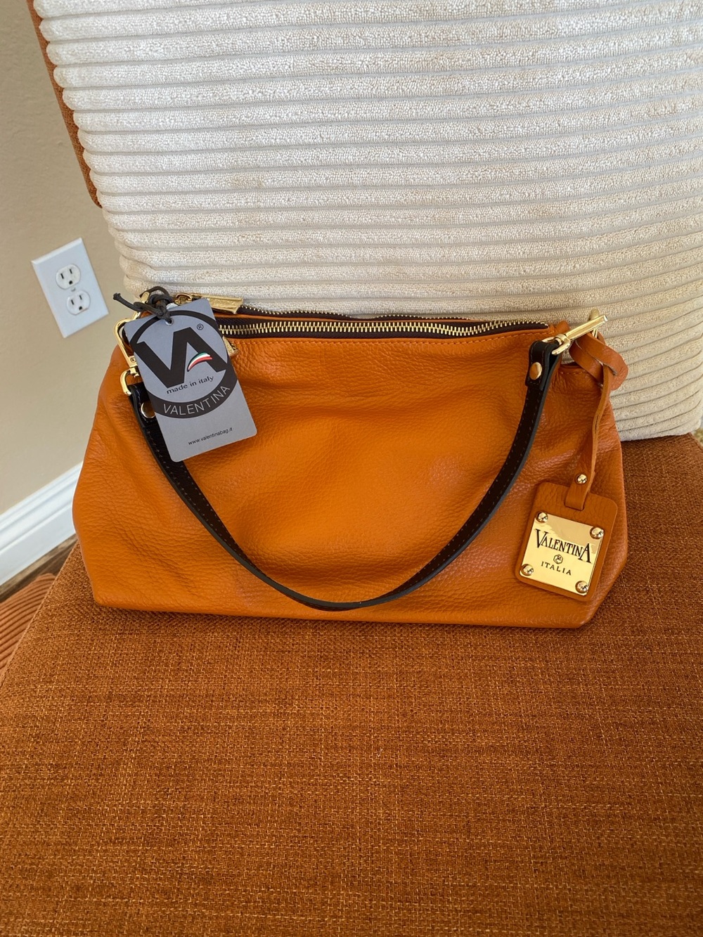 NWT Valentina Italia Orange Pebbled Leather Triple Entry Crossbody Shoulder Bag